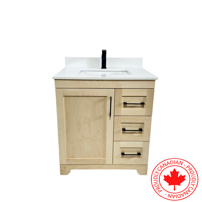 CANADIAN MAPLE - 30"  Natural Stain Floor Standing Bathroom Vanity With Quartz Countertop