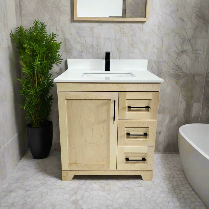 CANADIAN MAPLE - 30"  Natural Stain Floor Standing Bathroom Vanity With Quartz Countertop