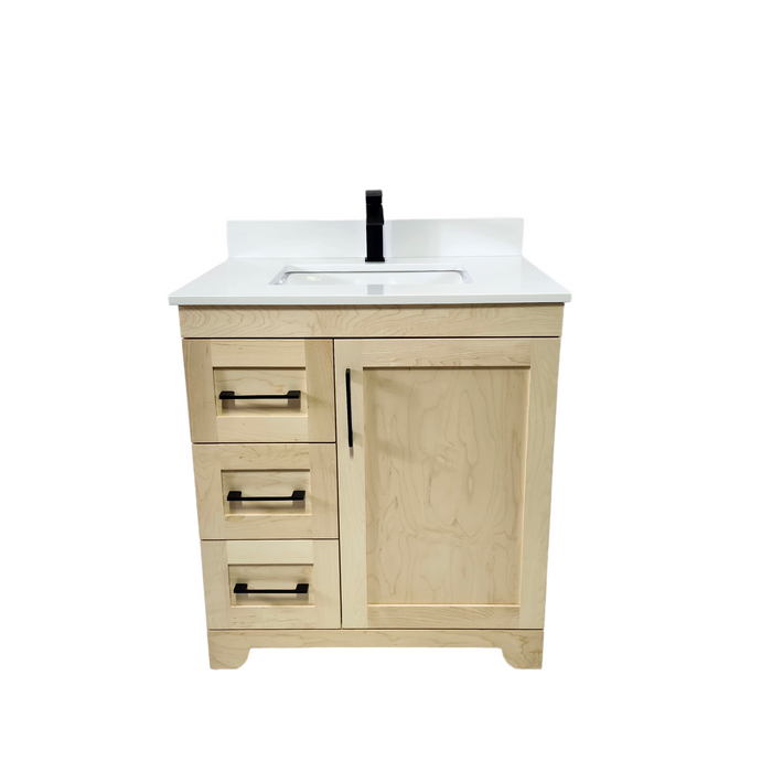 CANADIAN MAPLE - 30"  Left Side Drawers, Natural Stain Floor Standing Bathroom Vanity With Quartz Countertop - Construction Commodities Supply Inc.