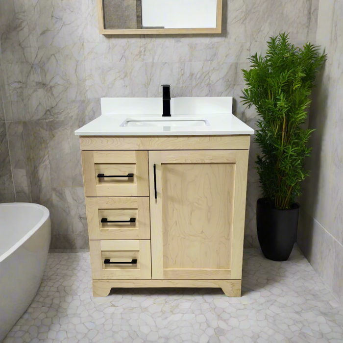 CANADIAN MAPLE - 30"  Left Side Drawers, Natural Stain Floor Standing Bathroom Vanity With Quartz Countertop - Construction Commodities Supply Inc.