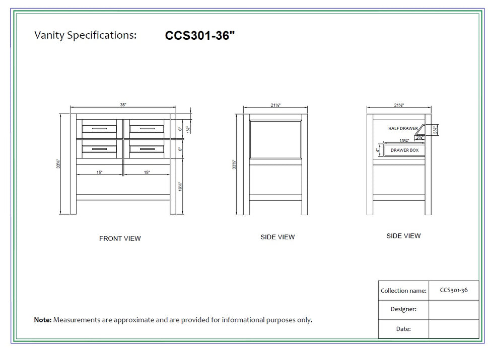 CCS301 - 36" White, Floor Standing Bathroom Vanity, White Quartz Countertop, Brushed Nickel Hardware - Construction Commodities Supply Inc.