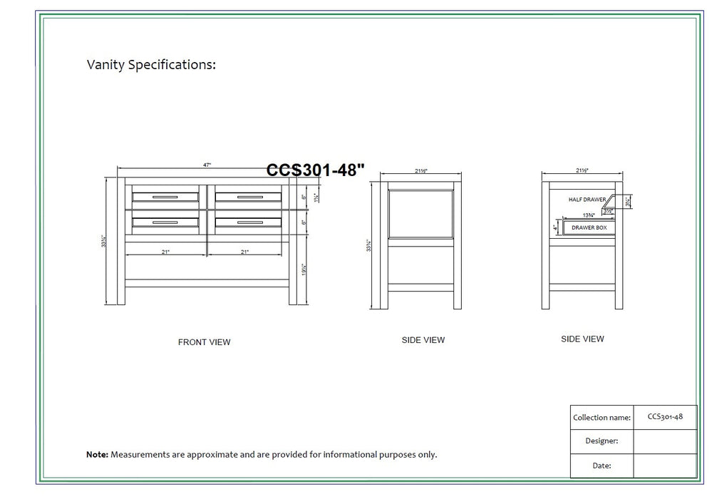 CCS301 - 48" White, Floor Standing Bathroom Vanity, White Quartz Countertop, Brushed Nickel Hardware - Construction Commodities Supply Inc.