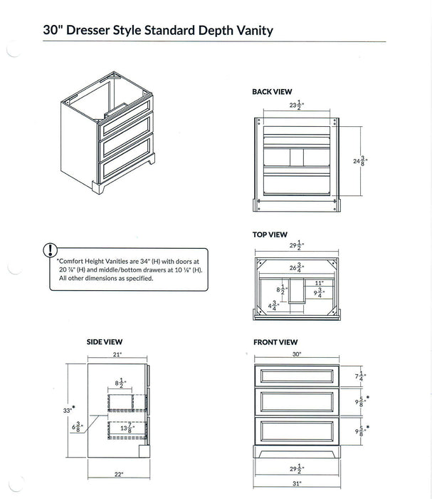 Stonewood - 30" Dresser Style Solid Wood Canadian Made Bathroom Vanity With Quartz Countertop (Available in 10 colors) - Construction Commodities Supply Inc.