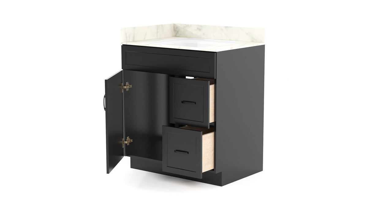 CRUSH - 30"  Narrow Shaker Bathroom Vanity (3 colors) With Quartz Countertop / Right Side Drawers