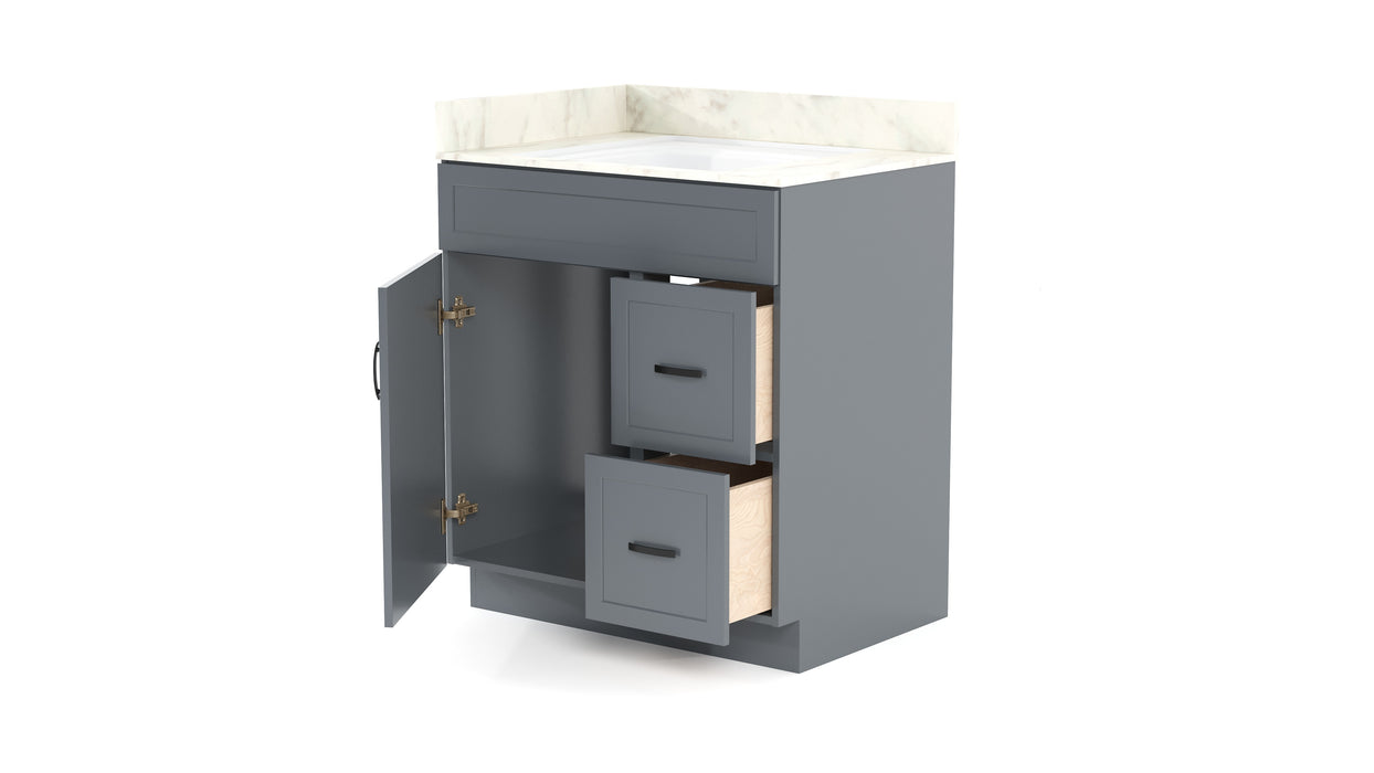 CRUSH - 30"  Narrow Shaker Bathroom Vanity (3 colors) With Quartz Countertop / Right Side Drawers