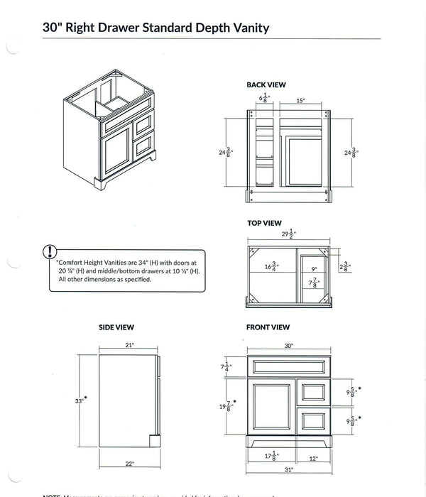 Stonewood - 30" Right side Drawers Solid Wood Canadian Made Bathroom Vanity With Carrera Quartz Countertop ( Available in 10 Colors ) - Construction Commodities Supply Inc.