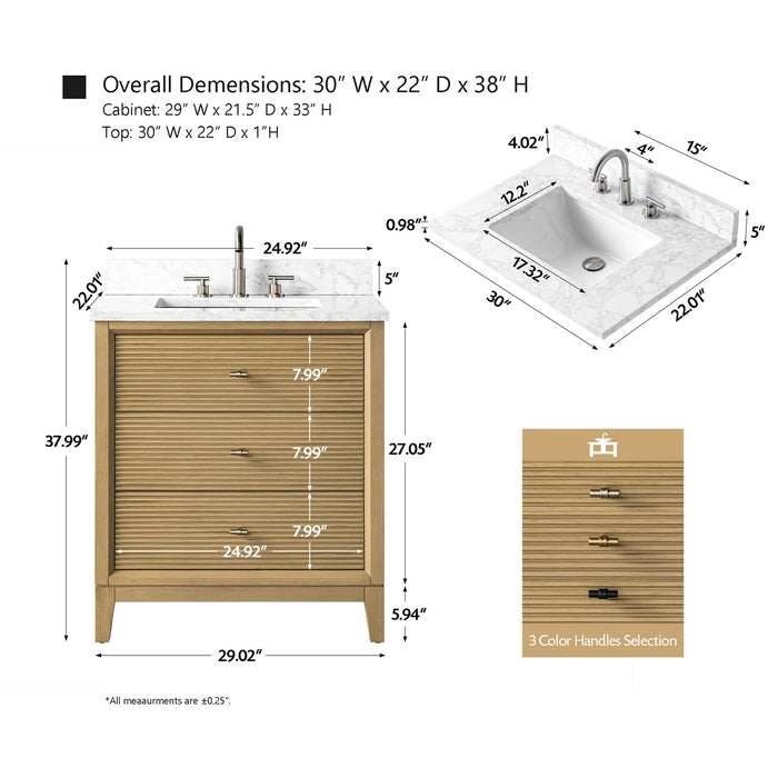 V-ART , 30" x 22" Natural Oak Freestanding Bathroom Vanity with Marble Top