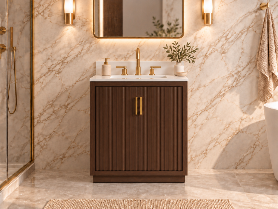 Violet - 30" Walnut , Solid Wood Floor Standing Modern Bathroom Vanity Quartz Countertop