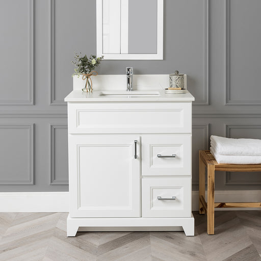 Stonewood - SHALLOW DEPTH , 30" x 18.5" Right side Drawers Solid Wood Canadian Made Bathroom Vanity With Quartz Countertop ( Available in 7 Colors ) - Construction Commodities Supply Inc.