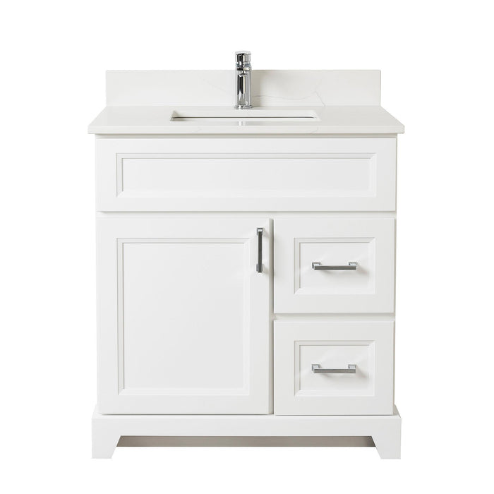 Stonewood - 30" Right side Drawers Solid Wood Canadian Made Bathroom Vanity With Carrera Quartz Countertop ( Available in 10 Colors )