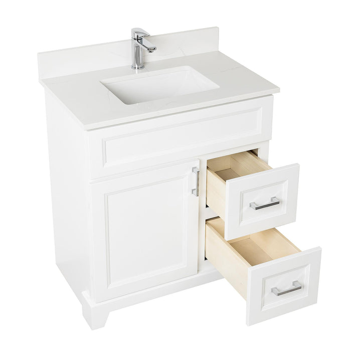 Stonewood - 30" Right side Drawers Solid Wood Canadian Made Bathroom Vanity With Carrera Quartz Countertop ( Available in 10 Colors )