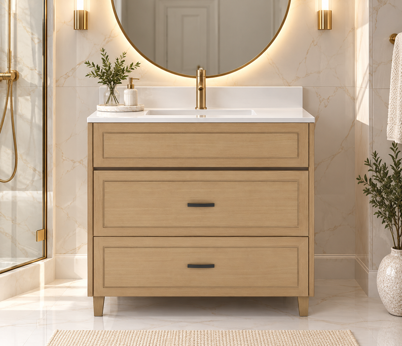 CLASSIC 30 Inch Dresser Style Bathroom Vanity, Canadian Made Natural Oak with Quartz Countertop