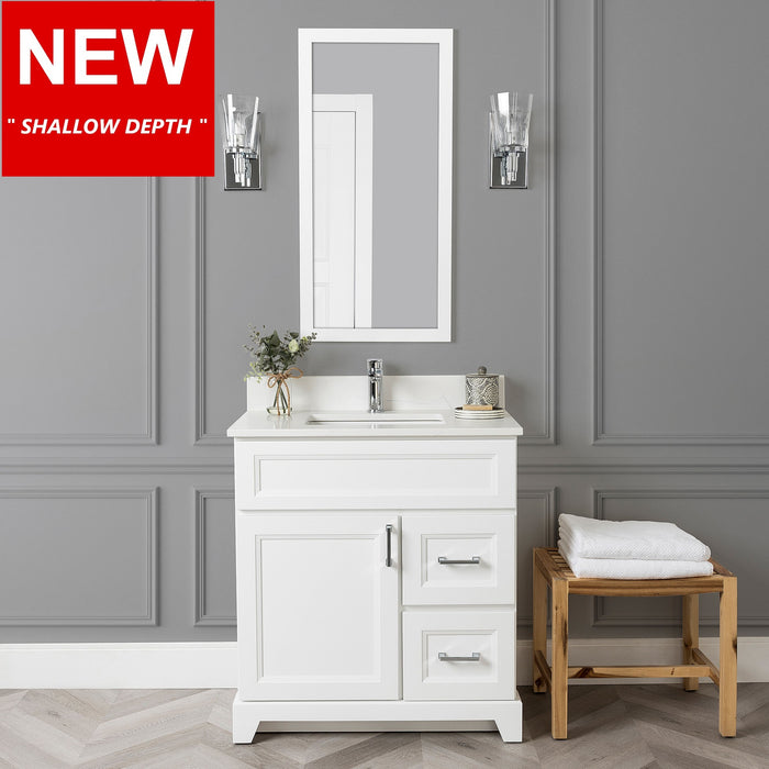 Stonewood - SHALLOW DEPTH , 30" x 18.5" Right side Drawers Solid Wood Canadian Made Bathroom Vanity With Quartz Countertop ( Available in 7 Colors )