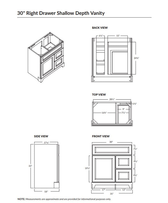 Stonewood - SHALLOW DEPTH , 30" x 18.5" Right side Drawers Solid Wood Canadian Made Bathroom Vanity With Quartz Countertop ( Available in 7 Colors )