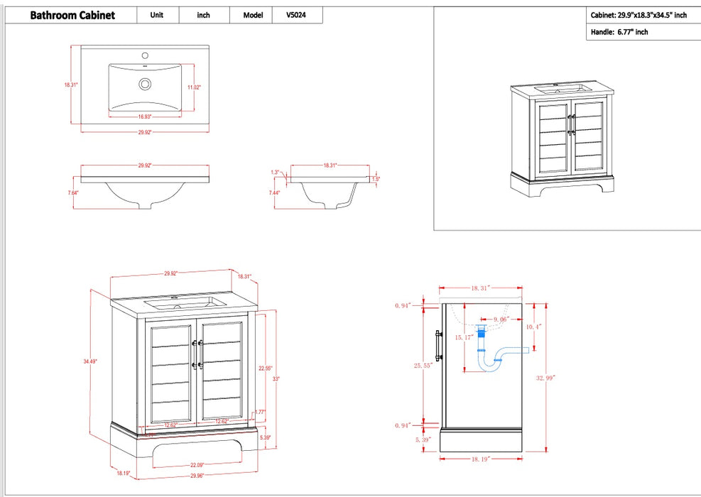 Modena , 30" x 18" Silver Grey Freestanding Bathroom Vanity