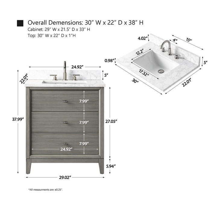 V-ART , 30" x 22" Drift Wood Grey Freestanding Bathroom Vanity with Marble Top
