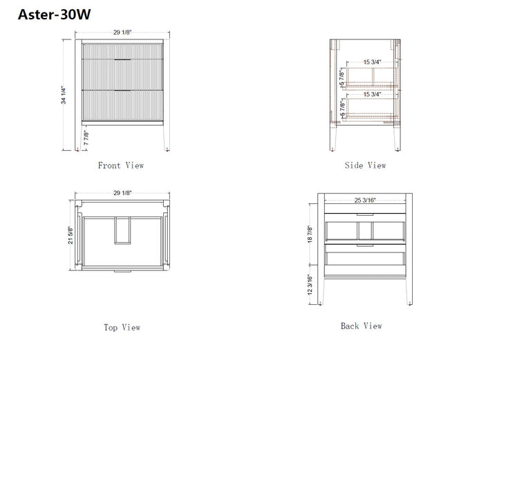 Aster - 30" White , Solid Wood Floor Standing Modern Bathroom Vanity with Quartz Top