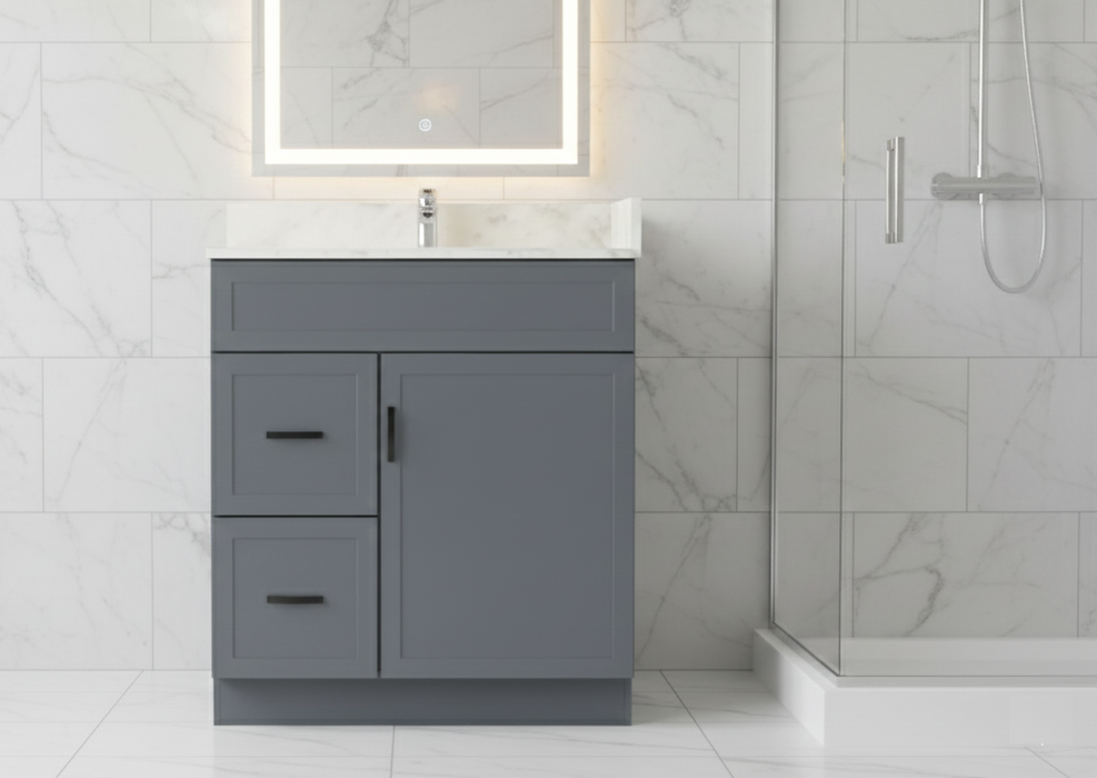 CRUSH - 30"  Narrow Shaker Bathroom Vanity (3 colors) With Quartz Countertop / Left Side Drawers