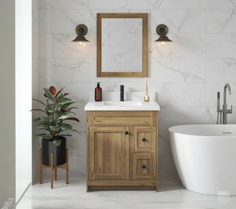 Daisy - 30" Vintage Oak Bathroom Vanity with Quartz top, Right side drawers