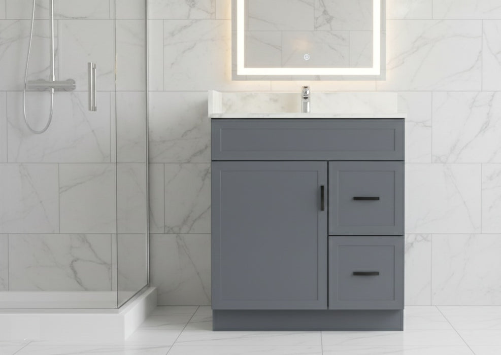 CRUSH - 30"  Narrow Shaker Bathroom Vanity (3 colors) With Quartz Countertop / Right Side Drawers