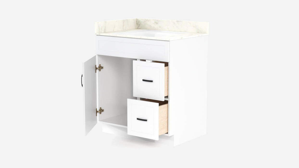 CRUSH - 30"  Narrow Shaker Bathroom Vanity (3 colors) With Quartz Countertop / Right Side Drawers