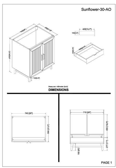 Sunflower- 30" Antique Oak , Solid Wood Floor Standing Modern Bathroom Vanity, Quartz Countertop