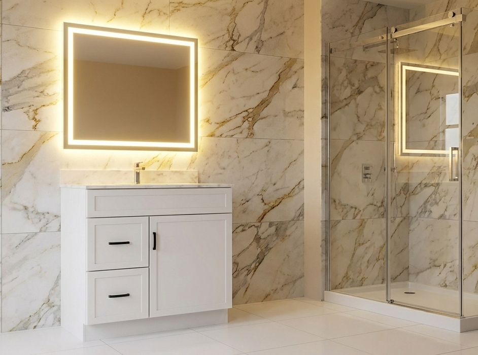 CRUSH - 30"  Narrow Shaker Bathroom Vanity (3 colors) With Quartz Countertop / Left Side Drawers