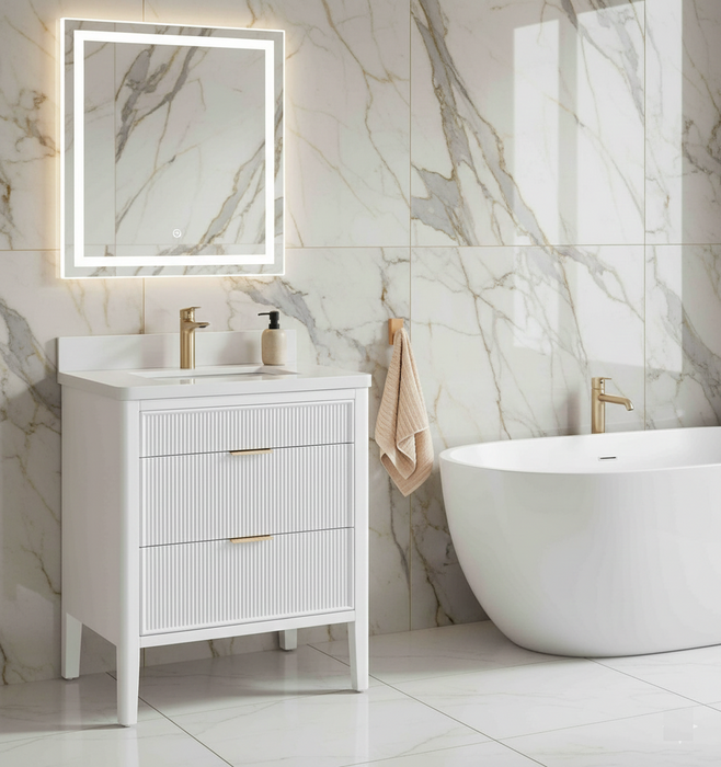 Aster - 30" White , Solid Wood Floor Standing Modern Bathroom Vanity with Quartz Top