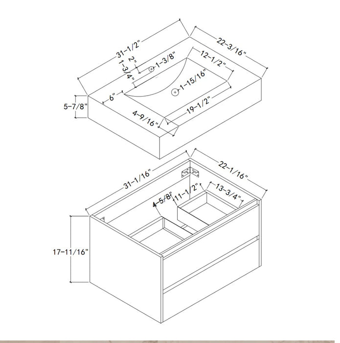 AQUA-32" LIGHT OAK Wall Mount Vanity with Sintered Stone Top - Construction Commodities Supply Inc.