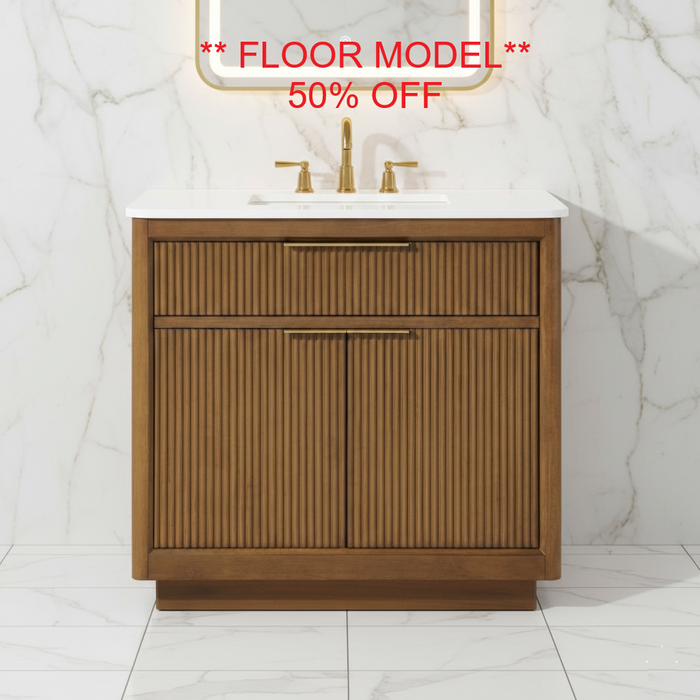 XANDER - 36"  WALNUT Solid Wood Bathroom Vanity with White White Quartz top ** FLOOR MODEL **