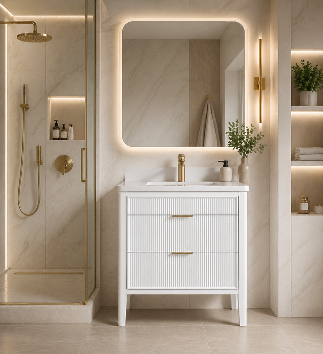 Aster - 36" White , Solid Wood Floor Standing Modern Bathroom Vanity with Quartz Top - Construction Commodities Supply Inc.