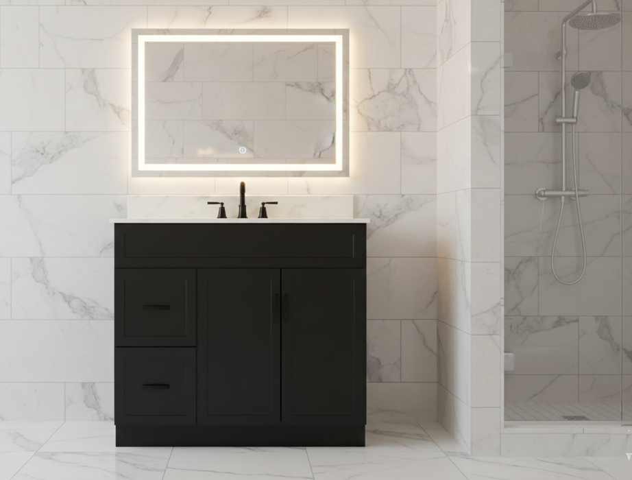 CRUSH - 42"  Narrow Shaker Bathroom Vanity (3 colors) With Quartz Countertop / Left Side Drawers