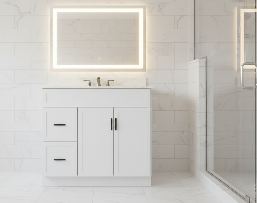 CRUSH - 42"  Narrow Shaker Bathroom Vanity (3 colors) With Quartz Countertop / Left Side Drawers