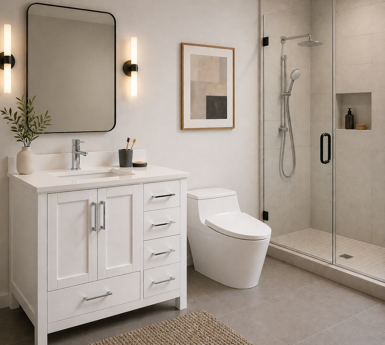 Rose - 36" White, Left Side Sink,Solid Wood Floor Standing Bathroom Vanity, White  Quartz Countertop. - Construction Commodities Supply Inc.