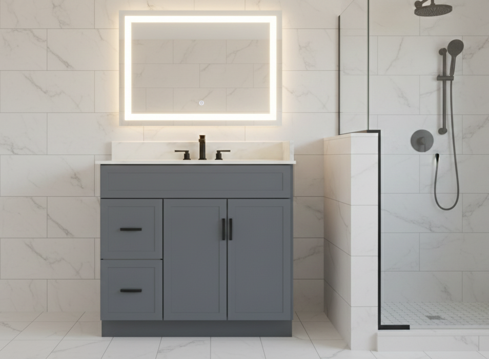 CRUSH - 42"  Narrow Shaker Bathroom Vanity (3 colors) With Quartz Countertop / Left Side Drawers