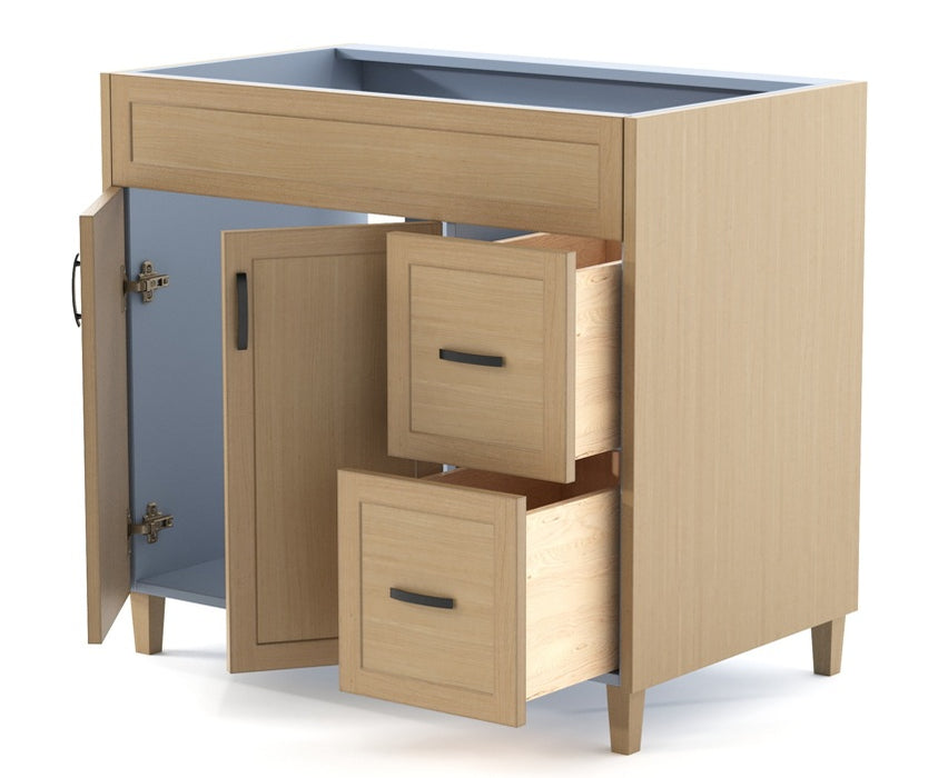 CLASSIC 36 Inch Bathroom Vanity, Canadian Made Natural Oak with Quartz Countertop, Right Side Drawers