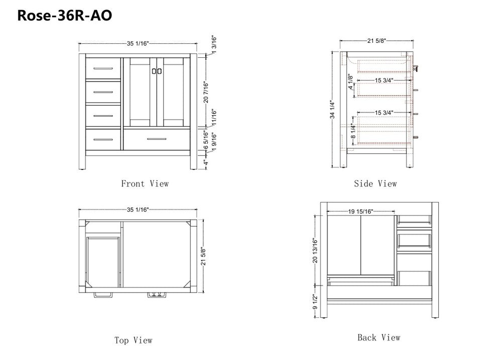 Rose- 36" Antique Oak ,Right Side Sink, Solid Wood Floor Standing Modern Bathroom Vanity, White Quartz Countertop