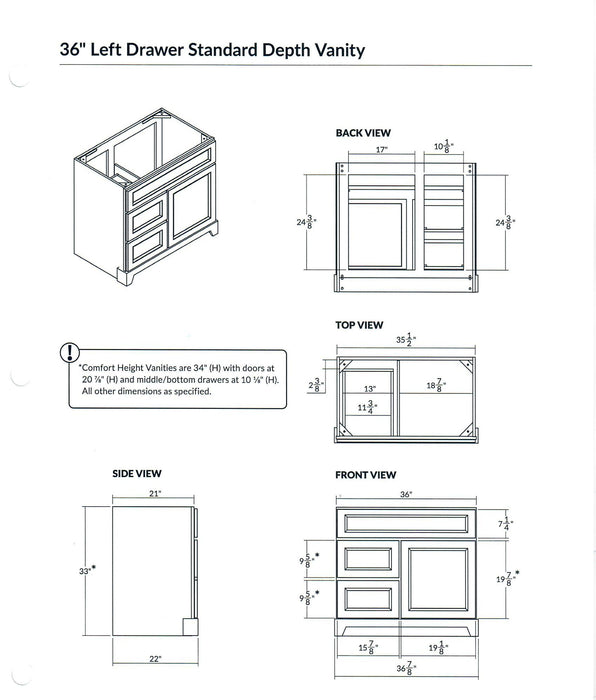 StoneWood - 36" Solid Wood Canadian Made Bathroom Vanity Left Side Drawers With Quartz Countertop ( Available in 10 colors ) - Construction Commodities Supply Inc.