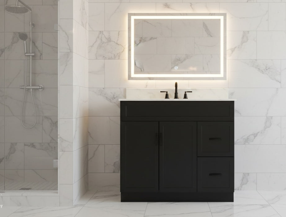 CRUSH - 36"  Narrow Shaker Bathroom Vanity (3 colors) With Quartz Countertop / Right Side Drawers