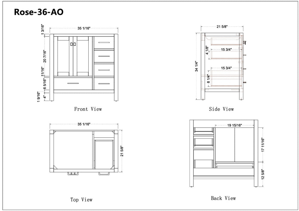 Rose- 36" Antique Oak ,Left Side Sink, Solid Wood Floor Standing Modern Bathroom Vanity, White Quartz Countertop