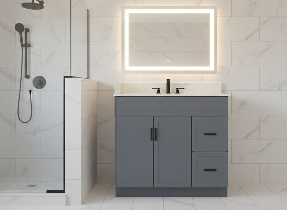 CRUSH - 36"  Narrow Shaker Bathroom Vanity (3 colors) With Quartz Countertop / Right Side Drawers