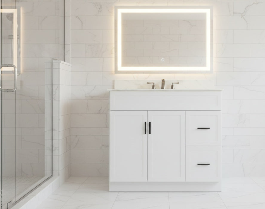 CRUSH - 36"  Narrow Shaker Bathroom Vanity (3 colors) With Quartz Countertop / Right Side Drawers