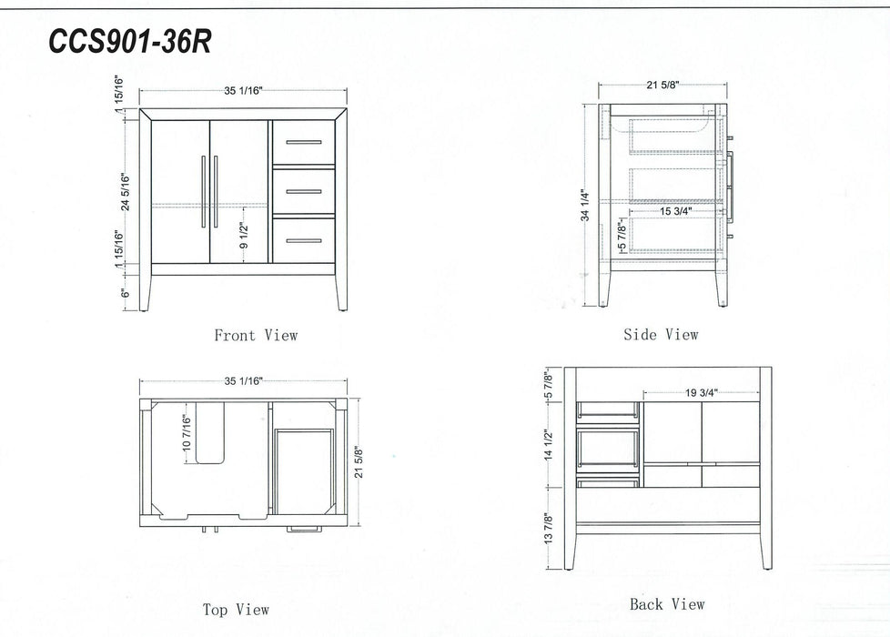 CCS901 - 36" White ,Right Side Drawers, Floor Standing Modern Bathroom Vanity, Quartz Countertop, Matt Black Hardware