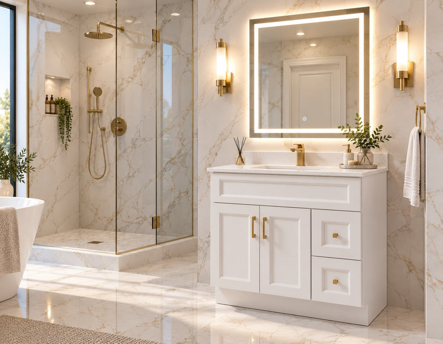 Nova- 42" Bathroom Vanity (4 colors) With Quartz Countertop / Right Side Drawers