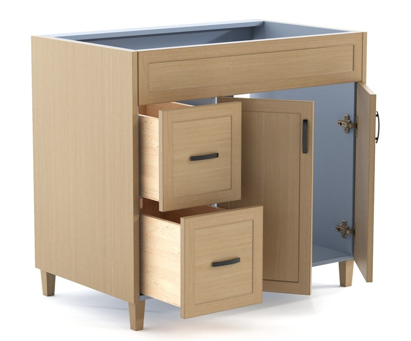 CLASSIC 36 Inch Bathroom Vanity, Canadian Made Natural Oak with Quartz Countertop, Left Side Drawers