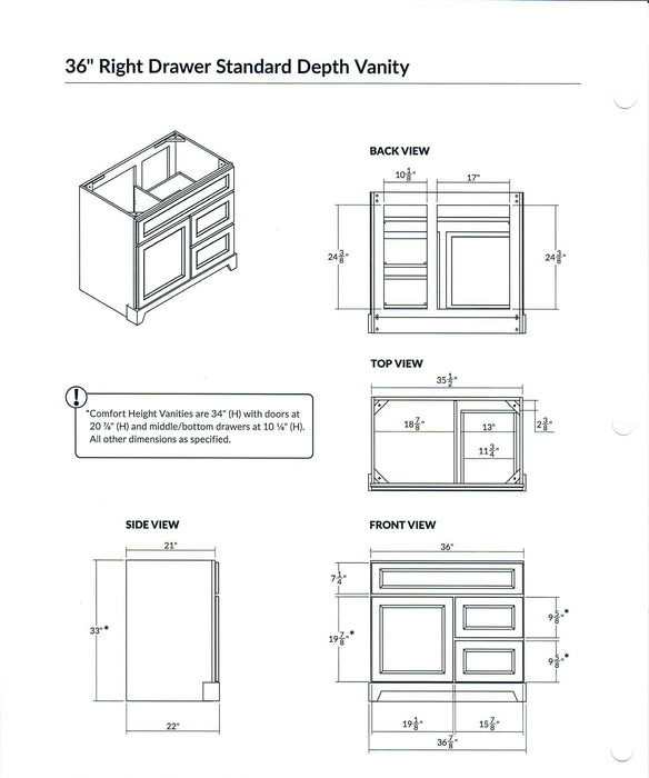 StoneWood - 36" Right Side Drawers Solid Wood Canadian Made Bathroom Vanity With Quartz Countertop (Available in 10 Colors ) - Construction Commodities Supply Inc.