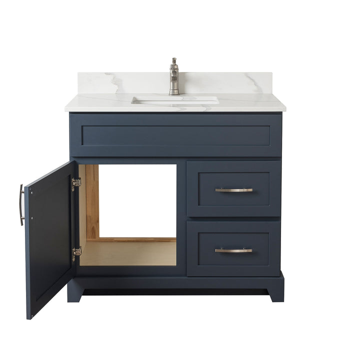 Stonewood - SHALLOW DEPTH , 36" x 18.5" Right side Drawers Solid Wood Canadian Made Bathroom Vanity With Quartz Countertop ( Available in 7 Colors )