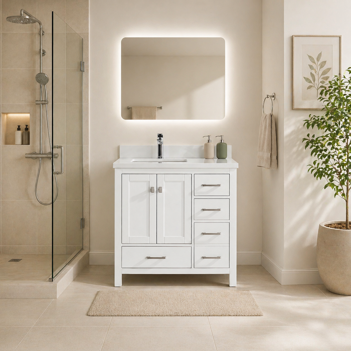 Rose- 36" White , Left side Sink ,Solid Wood Floor Standing Modern Bathroom Vanity, White Quartz Countertop - Construction Commodities Supply Inc.