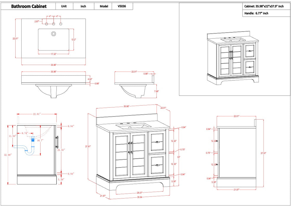 Modena , 36" Silver Grey Freestanding Bathroom Vanity with Stone Countertop