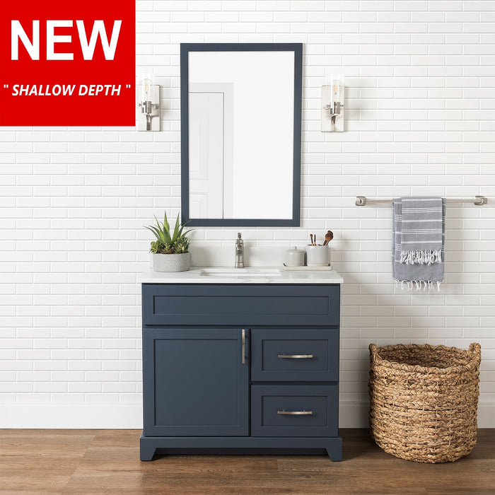 Stonewood - SHALLOW DEPTH , 36" x 18.5" Right side Drawers Solid Wood Canadian Made Bathroom Vanity With Quartz Countertop ( Available in 7 Colors )